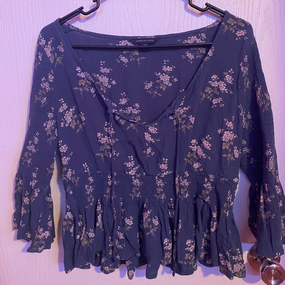 Dark blue w/ floral pattern blouse